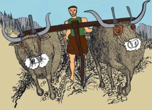Jason ploughs the field with the bulls of death in Jason and the Argonauts